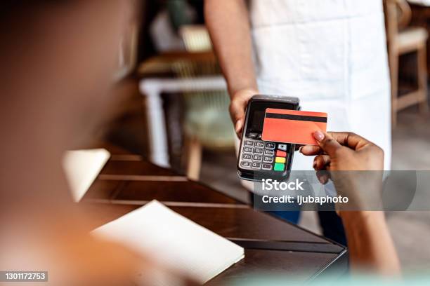 Contactless Payment At A Cafe Stock Photo - Download Image Now - Paying, Greeting Card, Financial Bill