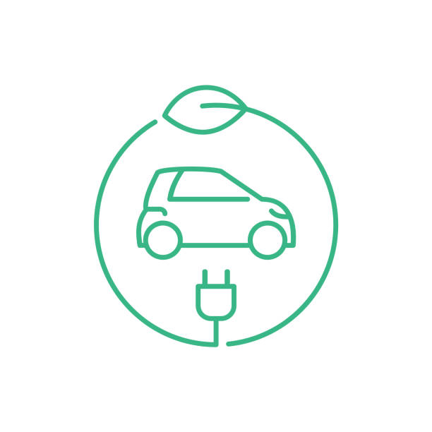 illustrations, cliparts, dessins animés et icônes de voiture électrique dans un cercle avec une feuille et une prise. signe hybride de station de recharge de véhicule. - electrical conduit