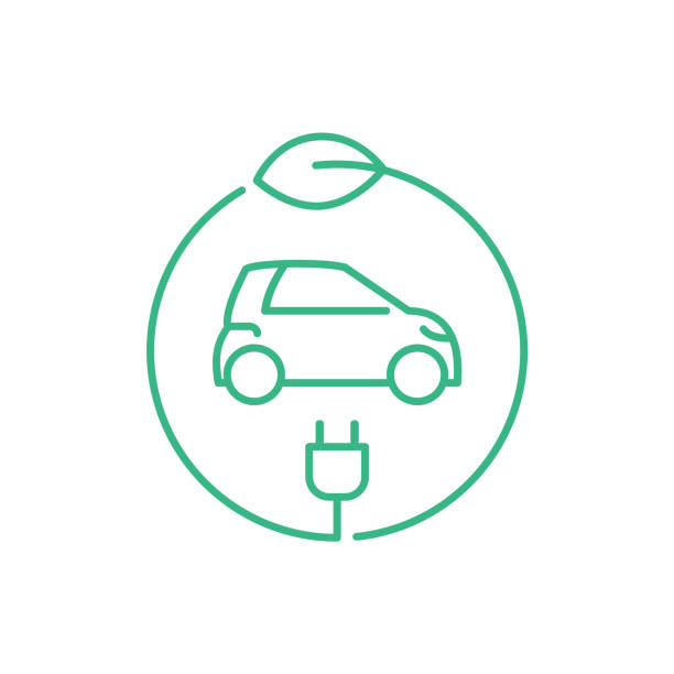 Electric car in a circle with a leaf and a plug. Hybrid vehicle charging station sign. Green energy zero emission concept. Eco friendly vehicle. Thin line icon. Vector illustration, flat, clip art. zero emission vehicle stock illustrations