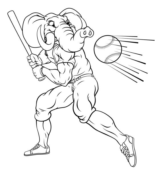 слон бейсбол игрок талисман размахивая летучая мышь - characters sport animal baseballs stock illustrations