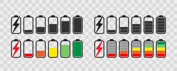 Vector illustration of Battery icon set .  Collection of charge battery level indicators. Charge indicator , vector illustration. Smartphone accumulator.