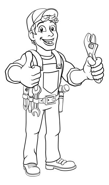 illustrazioni stock, clip art, cartoni animati e icone di tendenza di meccanico idraulico chiave chiave spanner cartoon tuttofare - thumbs up repairman human thumb electrician