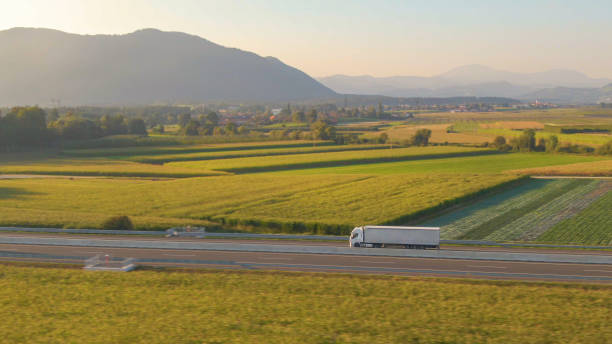 istock DRONE: 18 wheeler hauls a cargo container down motorway crossing the countryside 1301175421