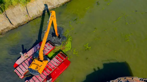 Above top view on excavator dredge is dredging, working on river, canal, deepening and removing sediment, mud from riverbed in a polluted waterway.