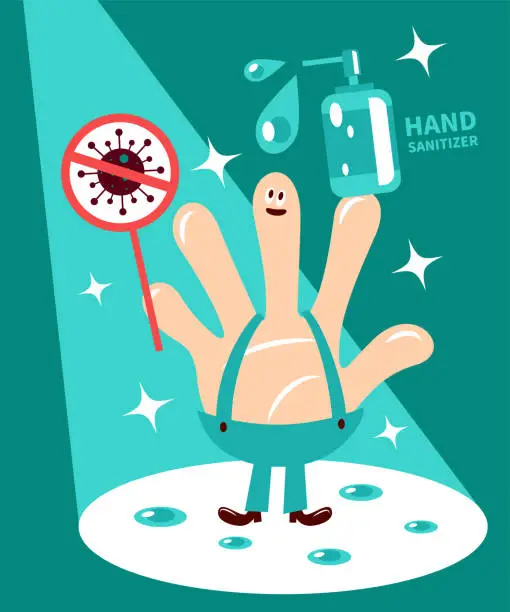 Vector illustration of Anthropomorphic palm of hand (Fictional Character) cleaning with hand sanitizer and holding a covid-19 prohibition sign and standing in the spotlight
