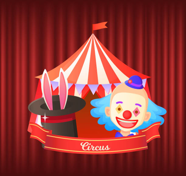 illustrazioni stock, clip art, cartoni animati e icone di tendenza di tenda da circo e clown con vettore tripletta - curtain red color image clown