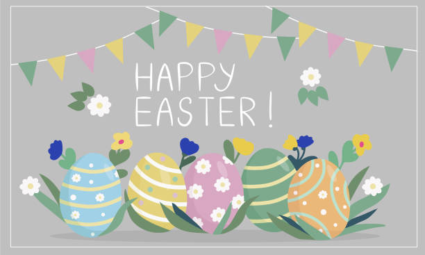 ilustrações de stock, clip art, desenhos animados e ícones de easter greeting card and banner template. set of painted eggs in grass and flowers. vector illustration - easter traditional culture backgrounds basket