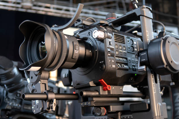 istock close up of video camera in TV studio 1301178536