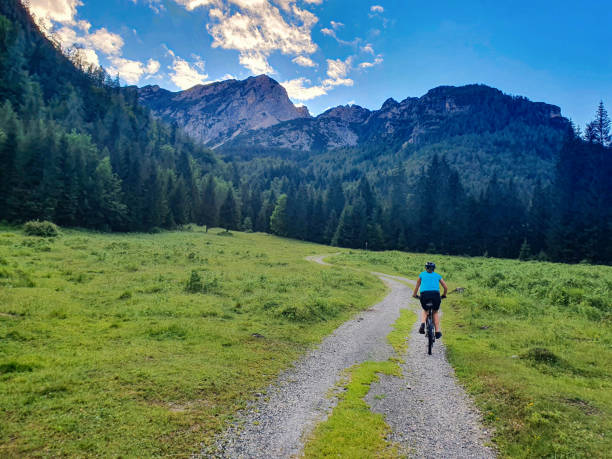 copy space: unrecognizable fit woman rides a mountain bike along a hiking trail. - wood dirt road footpath exercising imagens e fotografias de stock