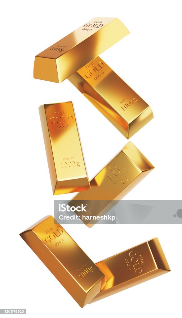 falling gold bars isolated on a white background, 3D rendering falling gold bars isolated on a white background, 3D rendering. Ingot Stock Photo