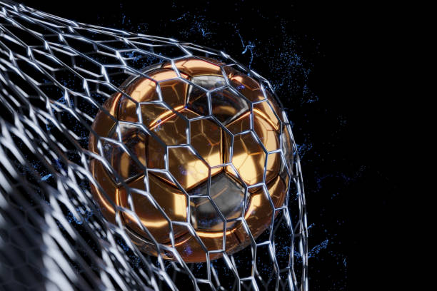 黒い背景にゲートで金サッカーボールのゴール。3d レンダリング - soccer player flash ストックフォトと画像