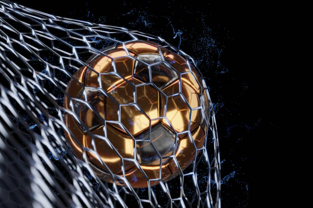 goal of gold soccer ball in gate on a black background. 3d rendering goal of gold soccer ball in gate on a black background. 3d rendering. animal skin flash stock pictures, royalty-free photos & images