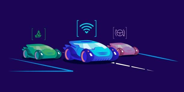 istock Driverless cars flat color vector illustration. Futuristic self driving vehicles with different automation levels on blue background. Automobiles in driver assistance, high and full automation modes 1301180603
