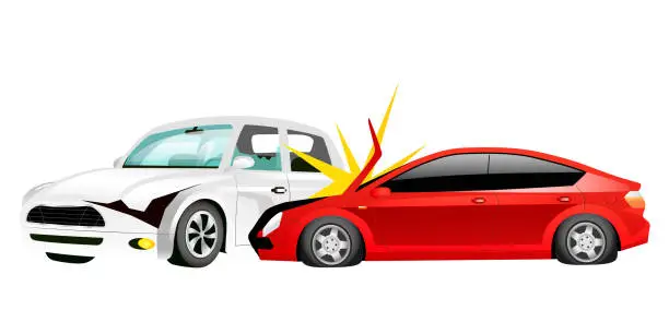 Vector illustration of Car crash cartoon vector illustration. Smashed red sedan and white mini cooper flat color objects. Traffic accident, emergency situation. Automobiles wreck site isolated on white background