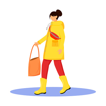 Woman in raincoat flat color vector faceless character. Walking caucasian lady in gumboots. Wet weather. Female with bag in hand isolated cartoon illustration on white background