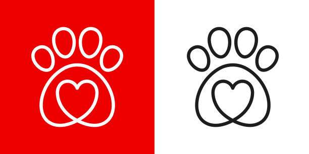 illustrazioni stock, clip art, cartoni animati e icone di tendenza di icona del logo della zampa dell'animale domestico con il cuore - cane