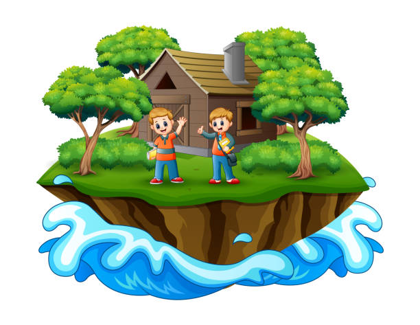 kreskówka dwóch chłopców szkolnych przed drewnianym domem na wyspie - 13633 stock illustrations