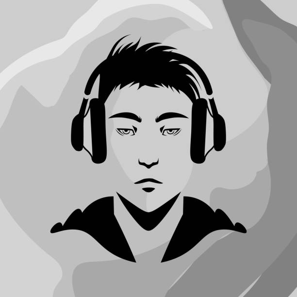 monochrome illustration of young man in headphones monochrome grey illustration of realistic young man in black headphones black and white headphones stock illustrations