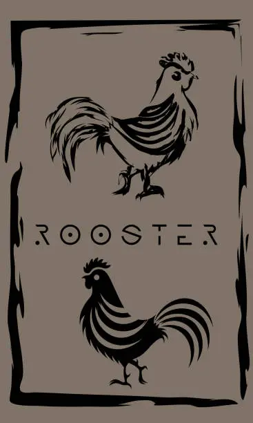 Vector illustration of drawing of cock in primitive ancient style, year of rooster