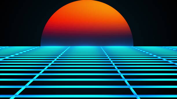 istock Retro landscape of the 80s. Computer generated futuristic sun and surface of grid. 3D rendering retro background 1301187281