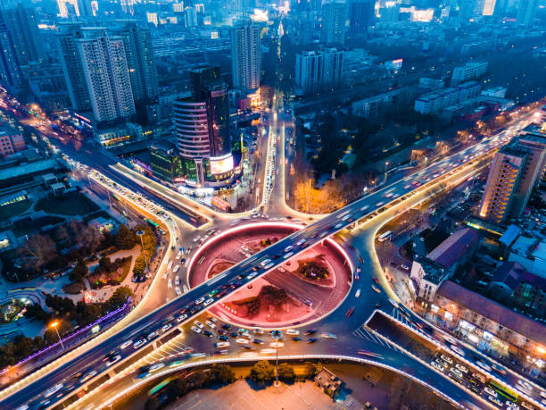istock Aerial view city overpass traffic at night 1301188254