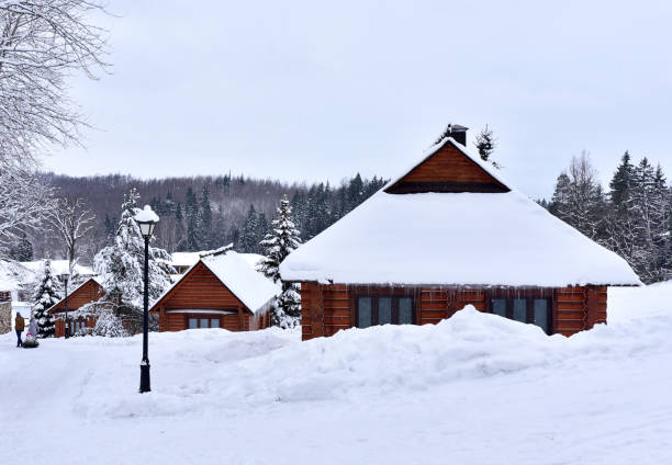 drewniany dom w górach w okresie zimowym. chata z bali w lesie sama na pustyni - winter snow landscape house zdjęcia i obrazy z banku zdjęć