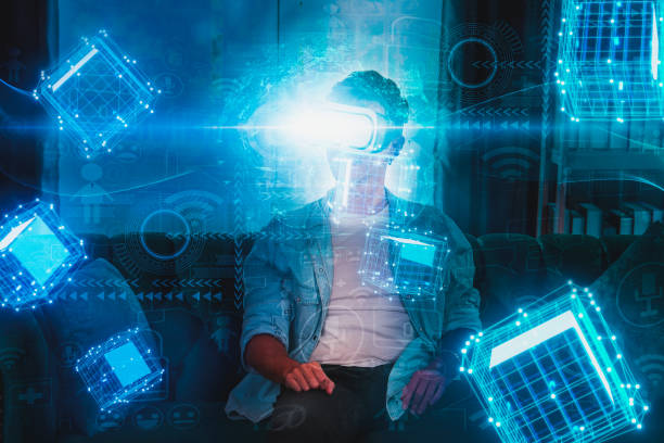 istock Concept future innovation,technology invention,young handsome use VR HeadSet opens up modern experience and have fun,with virtual world full floating cube,learning artificial intelligence or AI 1301188734