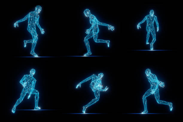 Futuristic Wireframe human body group active, 3D model polygonal dot and line, concept medical and technology,virtual scan anatomy body,and Artificial intelligence or AI for deep learning