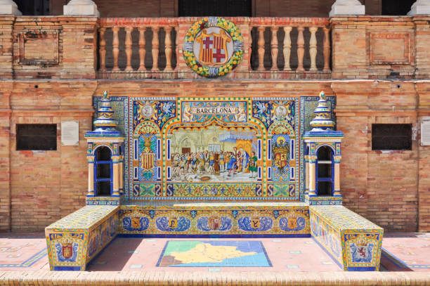 istock Bench with Barcelona name on Spain square in Seville, Spain 1301191401