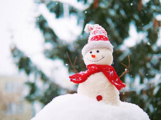 istock Happy snowman standing on the snow 1301191721