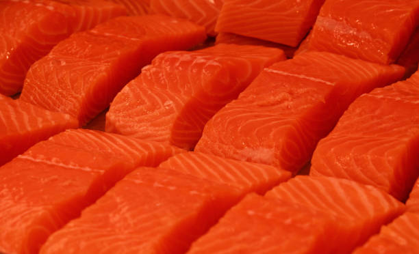 istock Raw salmon fish filet steaks on ice 1301195890