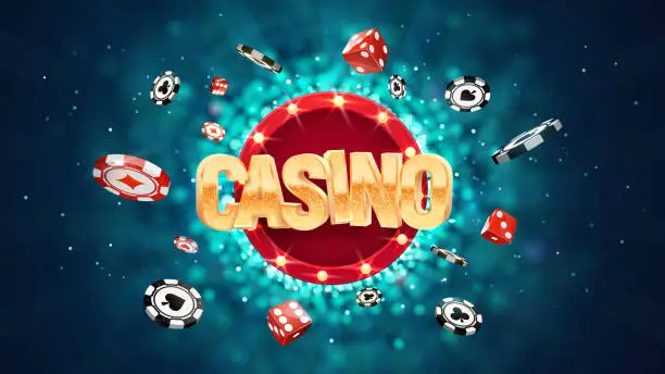 Vector illustration of Gambling casino online leisure games vector illustration. Win in gamble game. Chips and dice exploding on dark blurred background