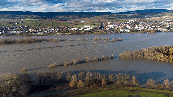 Rhine river and flooded river banks - Rheingau area, Germany