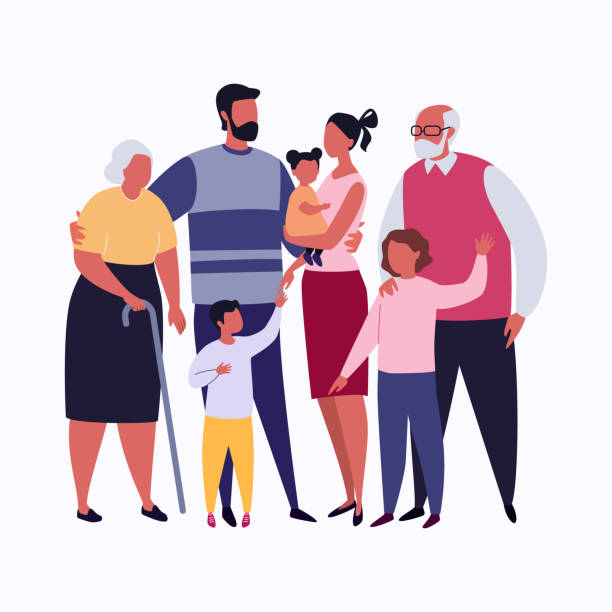 Big Family Together. Three Generations of a Family Together. Vector Illustration in Flat Cartoon Style. family stock illustrations