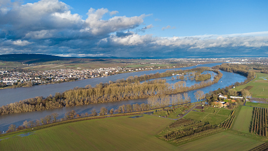 Rhine river and flooded river banks - Rheingau area, Germany