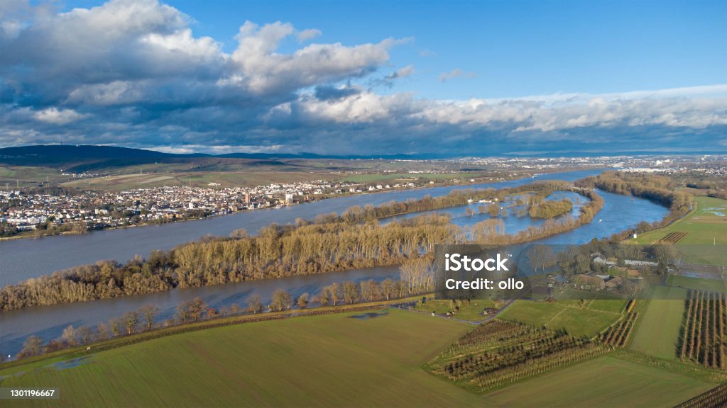 Rhine river and flooded river banks - Rheingau area, Germany Rhine River Stock Photo