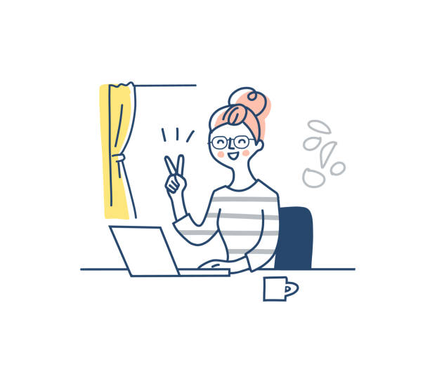 illustrazioni stock, clip art, cartoni animati e icone di tendenza di donna che lavora su un computer in una posa pacifica - laptop adult curtain business