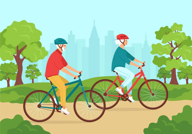 ilustrações de stock, clip art, desenhos animados e ícones de active senior gray-haired man and woman ride bicycles in helmets in the city park. healthy lifestyle concept for elderly, outdoor activities in retirement. happy mature family. vector illustration - senior adult action cycling senior couple