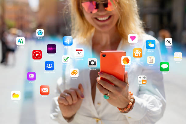 istock Concept of person using different everyday apps on mobile phone. All icons are made up. 1301200230