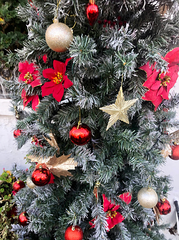 Photo showing a close-up view of artificial Christmas tree decorated with a variety of different seasonal xmas decorations. These include golden stars, sparkling red and gold baubles and fake Poinsettia flowers.