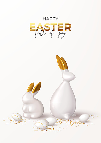 Happy Easter holiday poster. Porcelain rabbit and bunny with gold ears, white eggs and golden confetti. Vector illustration with 3d decorative object. Greeting card.
