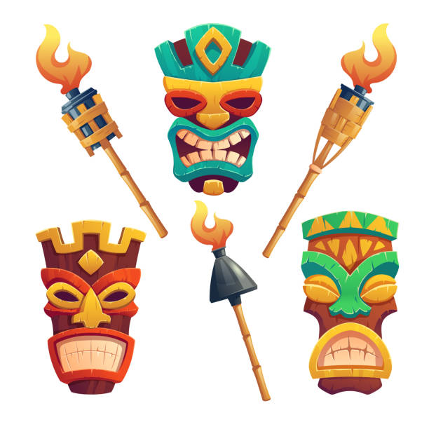 Tiki masks, hawaiian tribal totem and torches Tiki masks, hawaiian tribal totem and burning torches on bamboo stick. Vector cartoon set of polynesian traditional statues, ancient wooden god faces isolated on white background totem pole stock illustrations