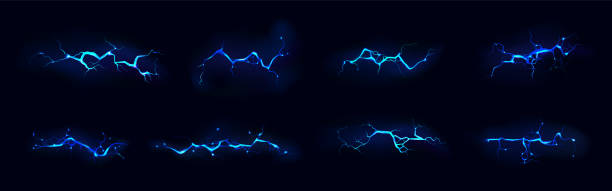 błyskawica, uderzenie elektryczne podczas nocnej burzy - blue plasma flash stock illustrations