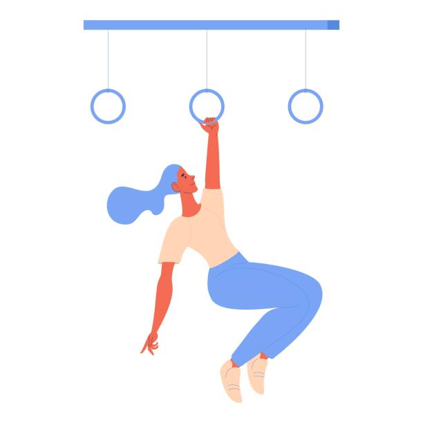 illustrations, cliparts, dessins animés et icônes de femme s’arrêtant sur des anneaux de gymnastique pendant la course de course d’obstacle d’isolement sur le blanc. caractère sain de mode de vie prêt pour le sport - muscular build strength obstacle course adversity