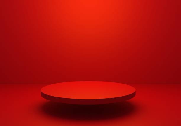 istock 3d rendering of empty red abstract minimal background with podium. Scene for advertising, cosmetic ads, showcase, presentation, website, banner, cream, fashion, new year. Illustration. Product display 1301207332