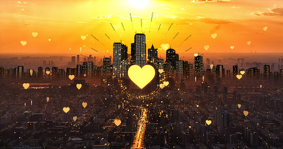 Love Symbol Heart Over The City. Developed City Needs Love. Social Related 3D Illustration Render