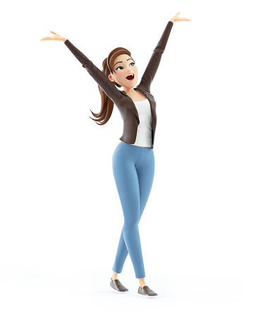 3d cartoon woman with arm raised, illustration isolated on white background