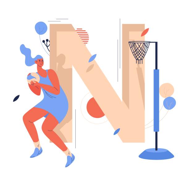 ilustrações, clipart, desenhos animados e ícones de mulher jogando netball com bola nas mãos. ilustração conceitual com ponto de gol e grande letra maiúscula n. personagem de desenho animado em vestido uniforme esportivo - isolated volleyball women adult