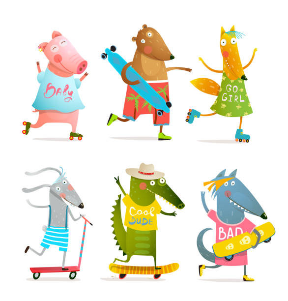 illustrazioni stock, clip art, cartoni animati e icone di tendenza di cool animals skating e skateboarding collection - animal sport