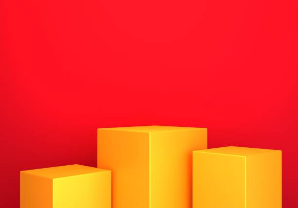istock 3d rendering of empty gold podium abstract minimal red background. Scene for advertising design, cosmetic ads, show, technology, banner, cream, new year. Illustration. Product display. copy space 1301212184